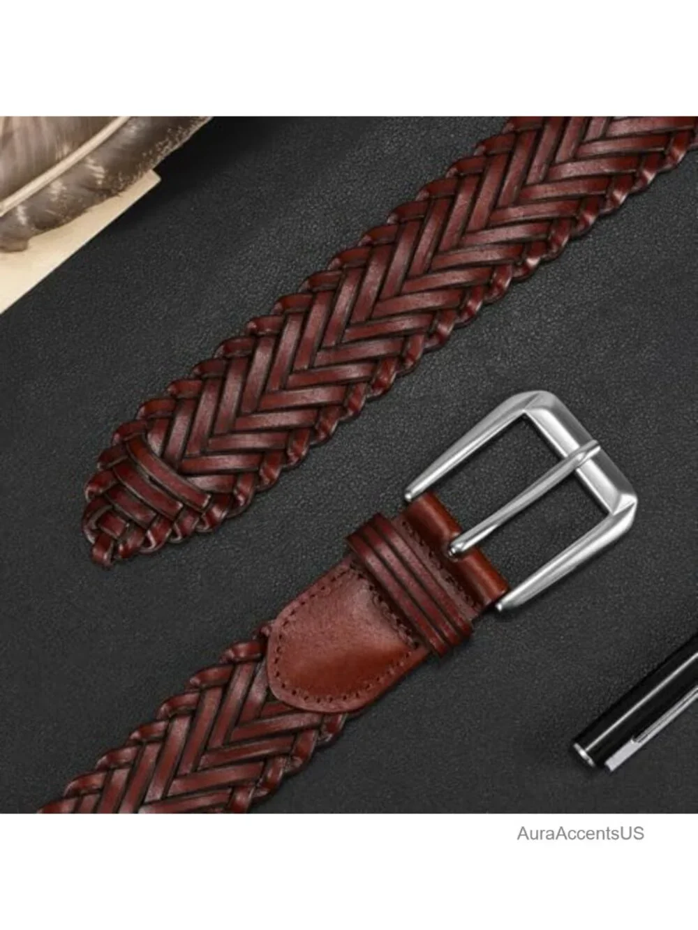Men's Adjustable Braided Leather Golf Belt Woven Casual 1.4